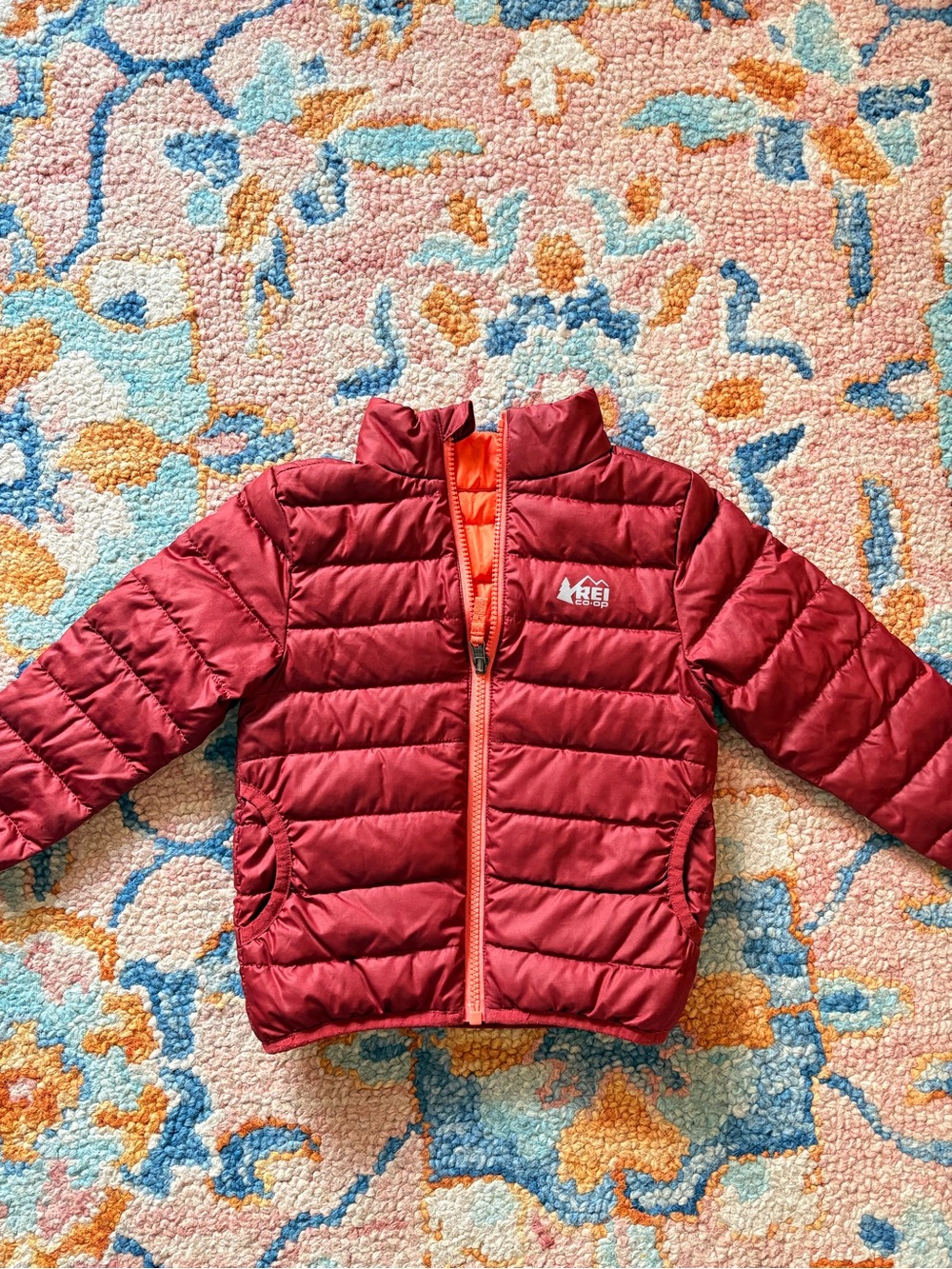 REI Kids' Burgundy Red Puffer Jacket with Orange Trim